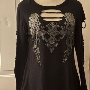Black Rhinestone Angel Wings Long Sleeve Top | Cutout Back | XL